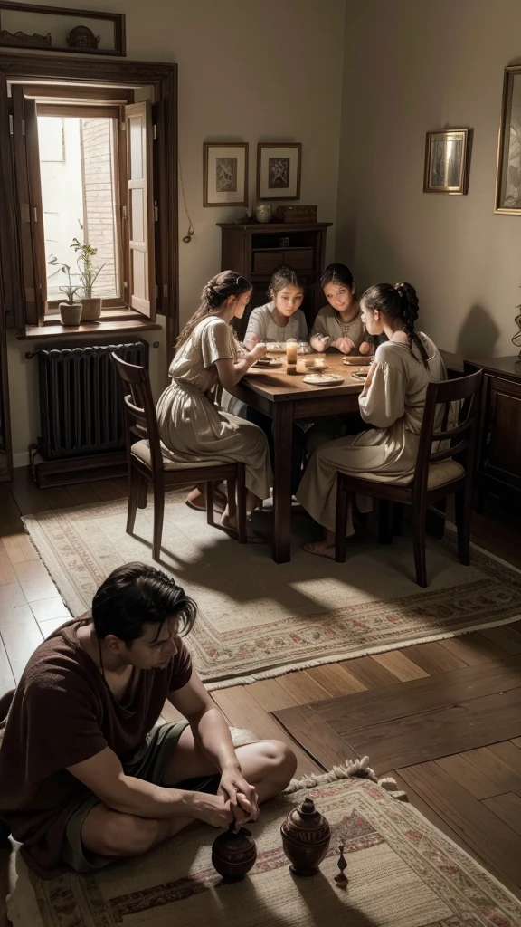Picture of a stoic family in ancient times: Roman family in their home, with simple decorations, sitting together around a low table. Warm lighting and composition that highlights family unity.