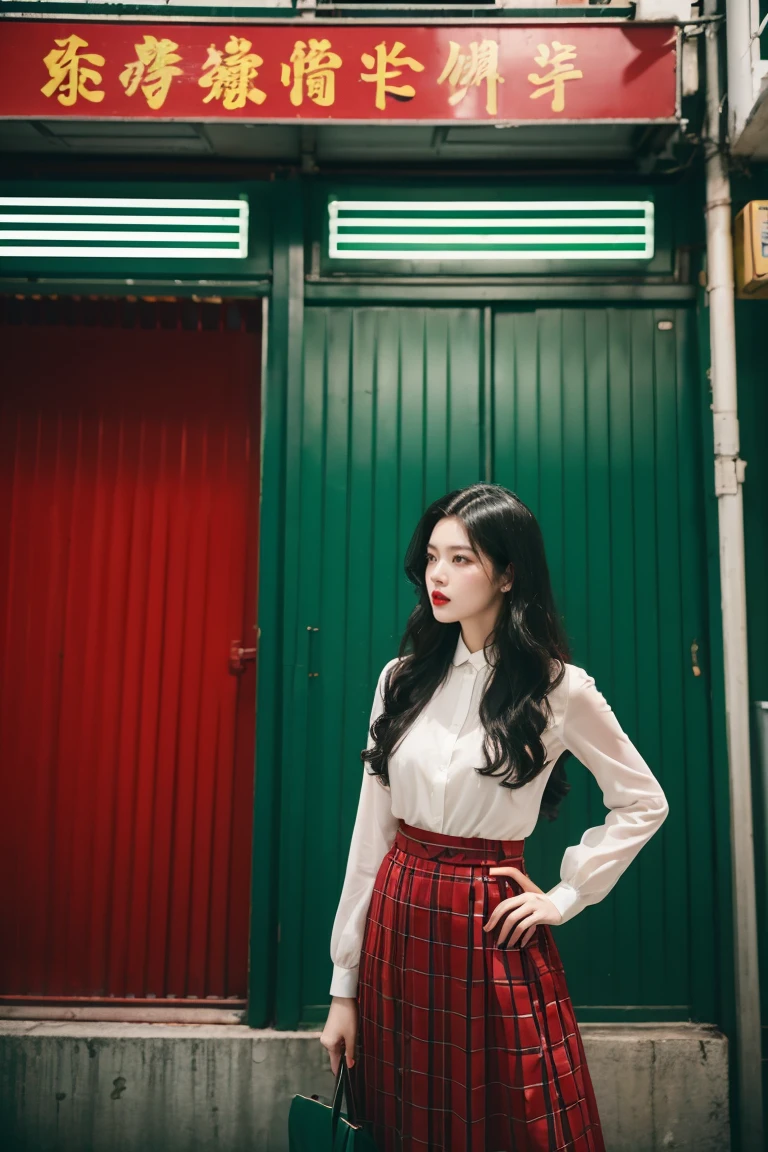 Long black curly hair, red lips, wearing a vintage red velvet skirt, blurred background, vintage Hong Kong cross street, street sign, green roller shutter door, white tile, 2046, Wong Kar Wai Cinematic Style, fashion photography, film filter