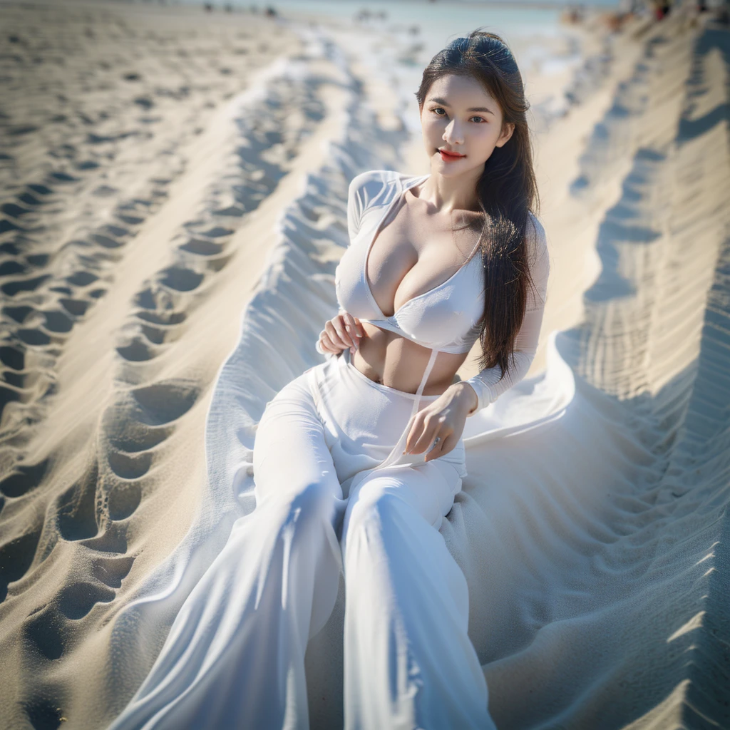 big breasts, round breasts, wearing bra inside ao dai, slim figure, beautiful figure, big breasts, ponytail, sharp 8k quality photo, ((beautiful, sharp, balanced face details) for )), ((beautiful breasts, exposed cleavage, plump body), ((beautiful sparkling eyes, sharp eye details, beautiful face)), at the beach there are many bikinis, white sand beach, sea water blue, many people at the beach((super beautiful body with high details, toned body with big breasts and slim waist)), ((thin cleavage, round breasts))