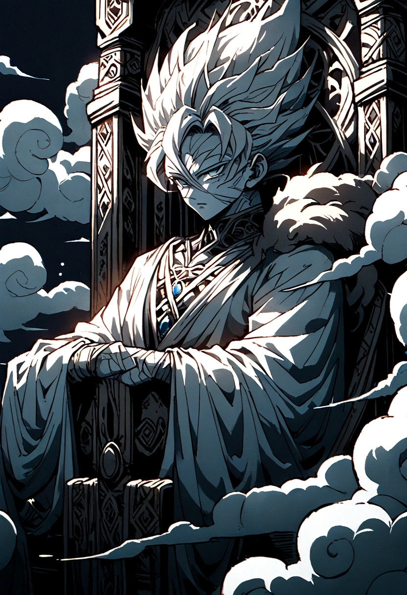 A god sat upon a throne of clouds , viewed from the front 