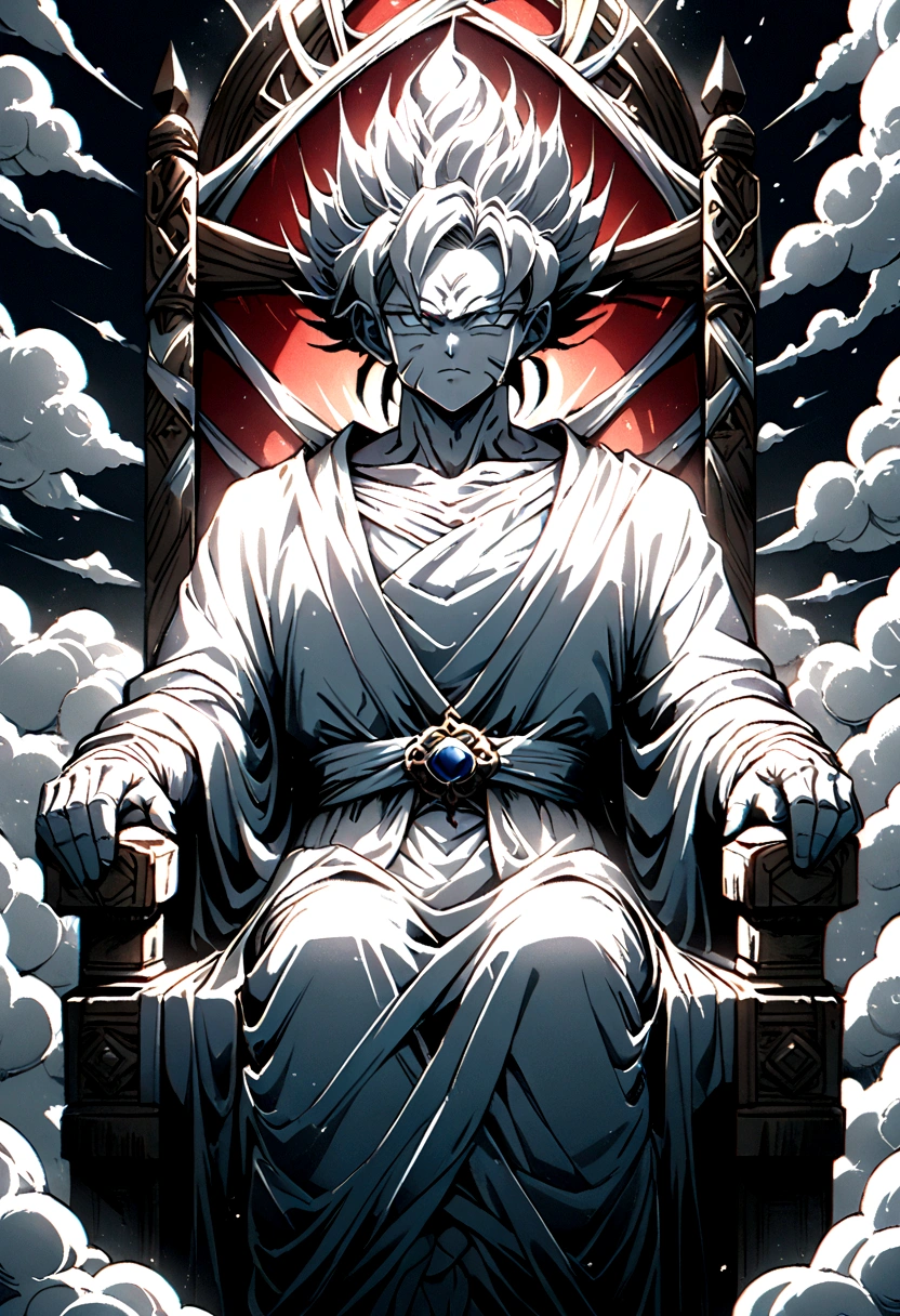 A god sat upon a throne of clouds , viewed from the front 