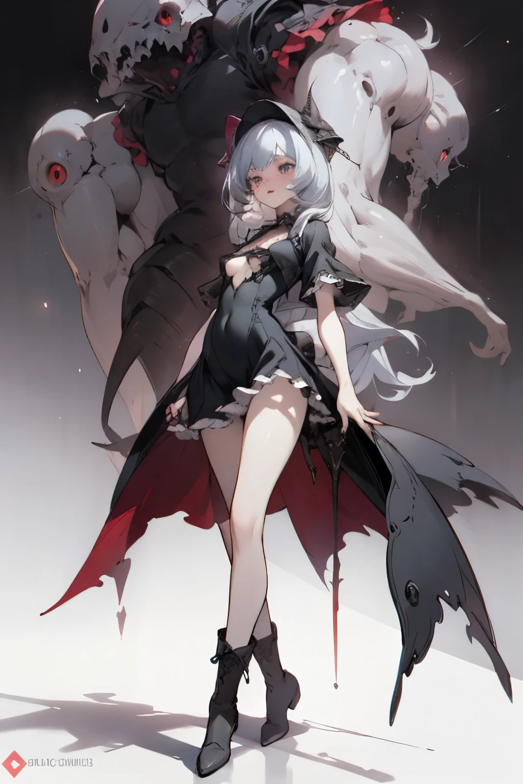 ((best quality)), ((masterpiece)), (detailed), very skinny, prominent collarbones, skinny arms, flat stomach, visible hip bones, red and white clothing, Bloodborne inspired, occult aesthetic, occult, detailed and intricate steampunk and detailed gothic, NSFW, Very dramatic and cinematic lighting, cosmic horror, grim-dark, side-lighting, perfect face, NSFW, Fluttering lace flared long knee length dress with frilly petticoats, knee length dress, pleated petticoats, ta dress, petticoats gothic lolicomplex lace boots, side-lighting, gothic lolita aetic, wielding a mighty sword with mechanical components, carbine, NSFW, beautiful small breasts, small breasts, full body, whole body, body, NSFW, full body, whole body, head-to-toe NSFW