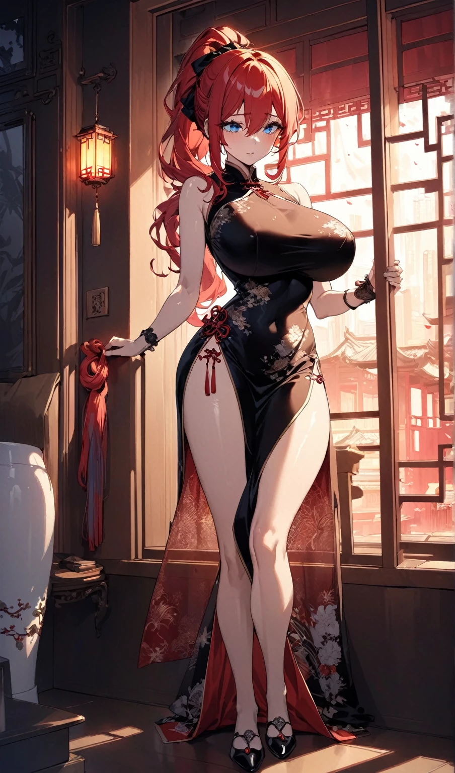 shikimorisan, red hair, long hair, blue eyes, hair between eyes, bangs standing with her front to the camera:wearing an upscale Chinese dress, 
Smooth, moisturized and firm skin texture, Tight and seductive outfit, 
A corner of the red light district, A dark background that makes the subject stand out, Large windows, The soft light of the lantern, 
BREAK (Detailed silk texture:upscale:Gloss:Smoothness:Suppiness),  
BREAK Highest Quality, Highest Resolution, Detailed and crisp image quality, 16K, Super Retina, 
A gorgeous Chinese dress with a delicate pattern, Adult sex appeal, melancholy, Feeling of weakness, ponytail, Colorful fireworks seen from the window, 
Detailed and complex, Colorful, Transparent full color coating, Light and Dark, High Contrast, 
BREAK Spectacular fireworks seen from the window, aesthetic,standing straight,full body,huge breasts