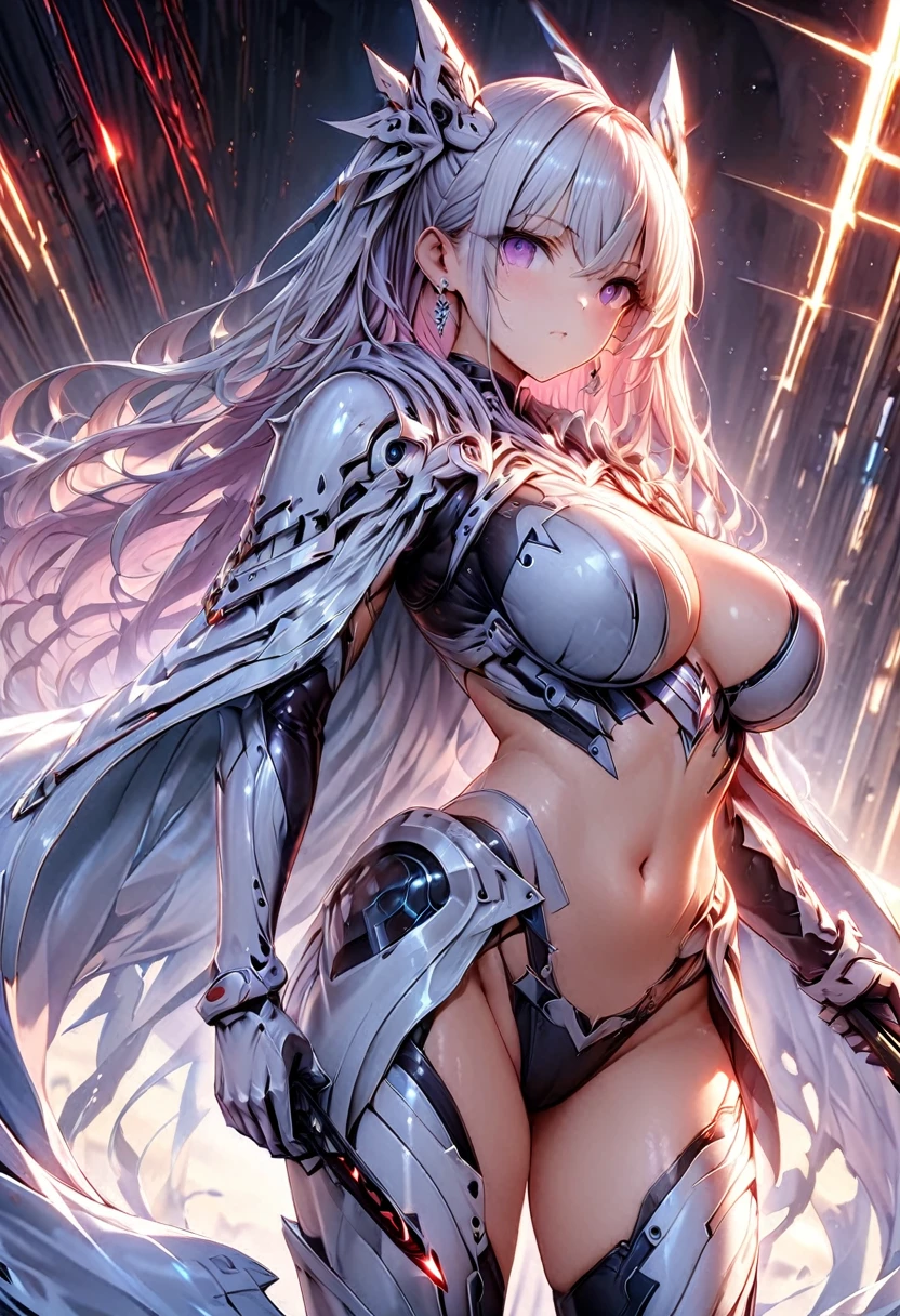 Woman in a futuristic suit, Very detailedな顔, nice, mother, Tomboy, Very large breasts, Battle Suit, Cyber Suit, Anime girl in tight suit, Milfication, Elegant body, Focus on the navel, gloves, Earrings, Leg armor, sf, Female protagonist, Are standing, Volumetric Light, Detailed lighting, Detailed Texture, BoobsCyberpunk, Biomechanical , masterpiece, Top quality eyes, sfの背景, Futuristic landscape、Fighting、Ultra-realistic, Ultra-realistic, Very detailed, (Cyber Samurai, ((alone)), Attack with the red sword, Wearing red armor and mask, Cape, Shineing beautiful purple eyes, Shine:1.3) (Shineing simple black background:1.25),