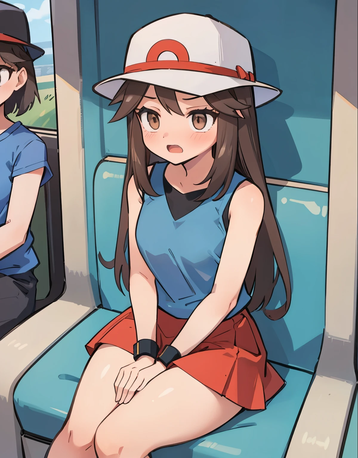 a girl sitting inside a train, open mouth, embarrassed, 1trainerleaf1, sleeveless shirt, black wristbands, visible thighs,thick thighs,red skirt,blue shirt, brown eyes, white hat, hands on thighs, View from above, beautiful and detailed eyes, feminine charm, downblouse,