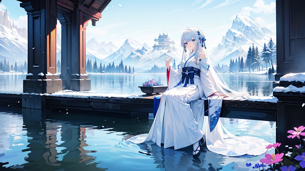 ((best quality,masterpiece,Extremely complex and exquisite details,There is only one beautiful girl with long white straight hair and blue eyes,Smile,long skirt)),(Exquisite light blue and white Japanese clothing,Beautiful bright and exquisite snow white ancient style high transparent architectural background),(correct anatomy,exquisite face),(touch flowers,Snow,Falling Flowers,Majestic and elegant outdoors),((Long-distance full body picture of a single person,Sitting by the lake))