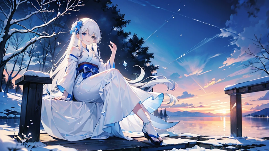 ((best quality,masterpiece,Extremely complex and exquisite details,There is only one beautiful girl with long white straight hair and blue eyes,Smile,long skirt)),(Exquisite light blue and white Japanese clothing,Beautiful bright and exquisite snow white ancient style high transparent architectural background),(correct anatomy,exquisite face),(touch flowers,Snow,Falling Flowers,Majestic and elegant outdoors),((Long-distance full body picture of a single person,Sitting by the lake))