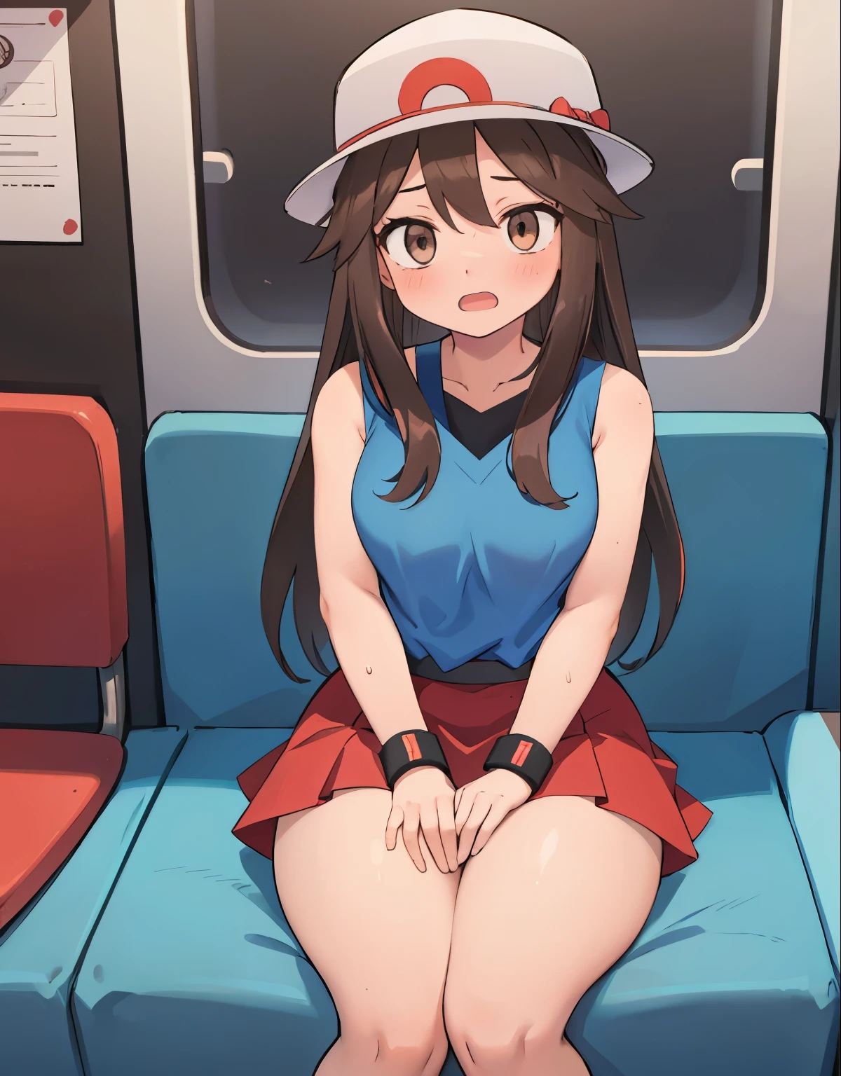 a girl sitting inside a train, open mouth, embarrassed, 1trainerleaf1, sleeveless shirt, black wristbands, visible thighs,thick thighs,red skirt,blue shirt, brown eyes, white hat, hands on thighs, View from above, beautiful and detailed eyes, feminine charm, downblouse,