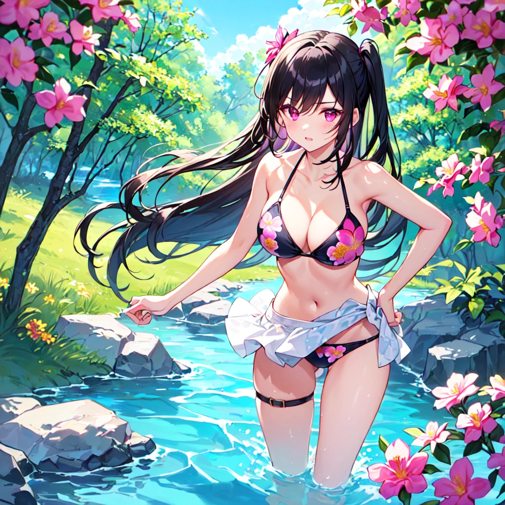 masterpiece, best quality, high quality, extremely detailed, very delicate and beautiful, (1 female 18 years old solo:1.3), (long black hair up to waist with two side up:1.4), bangs to eyebrows, eyes (eyes sharp, strong glossy glossy eyes, eyebrows glossy, (eye color magenta:1.3), 6.5 head height, (bikini swimsuit with summer flower print:1.3), (standing), (dynamic pose), (background summer river and forest:1.3), (blue sky)
