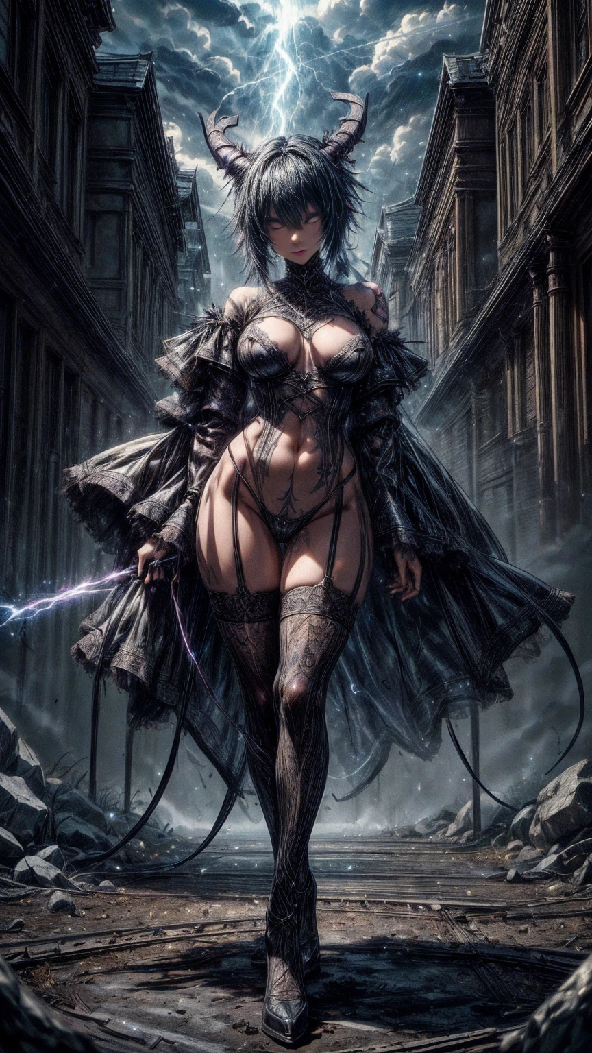 Full body portrait, ((absurdres)) demonic succubus, ((perfect whole body)), action pose, combat stance, ((ultra photorealistic)), Top quality, ((Photorealistic)), ((16k UHD)), High Definition, Unity 8K wallpaper, high res, ultra sharp, ((masterpiece)), best quality, ((intricate details)), busty, curvy hips, sheer lowleg panties (((detailed eyes))), (((perfect face))) (((detailed face))), masterpiece, combat stance with legs spread wide apart, highly detailed exquisite character art, melancholy lighting, (((perfectly detailed anatomy))) (((cinematic light))), ultra-realistic, (((1female))), shaved long white mohawk ,black skin, black complexion, blue eyes, gothic outfit, tattoo's, busty, see-through mesh panties, torn stockings, straddling over the viewer, legs spread wide open, black lips, hoop earrings, superpowers, weather witch, commanding the weather, wind, hail, lightning, clouds, avalanche, rain, thunder, flying, plump lips,