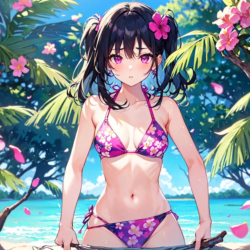 masterpiece, best quality, high quality, extremely detailed, very delicate and beautiful, (1 female 18 years old solo:1.3), (long black hair up to waist with two side up:1.4), bangs to eyebrows, eyes (eyes sharp, strong glossy glossy eyes, eyebrows glossy, (eye color magenta:1.3), 6.5 head height, (bikini swimsuit with summer flower print:1.3), (standing), (dynamic pose), (background summer river and forest:1.3), (blue sky), (upper body:1.3)