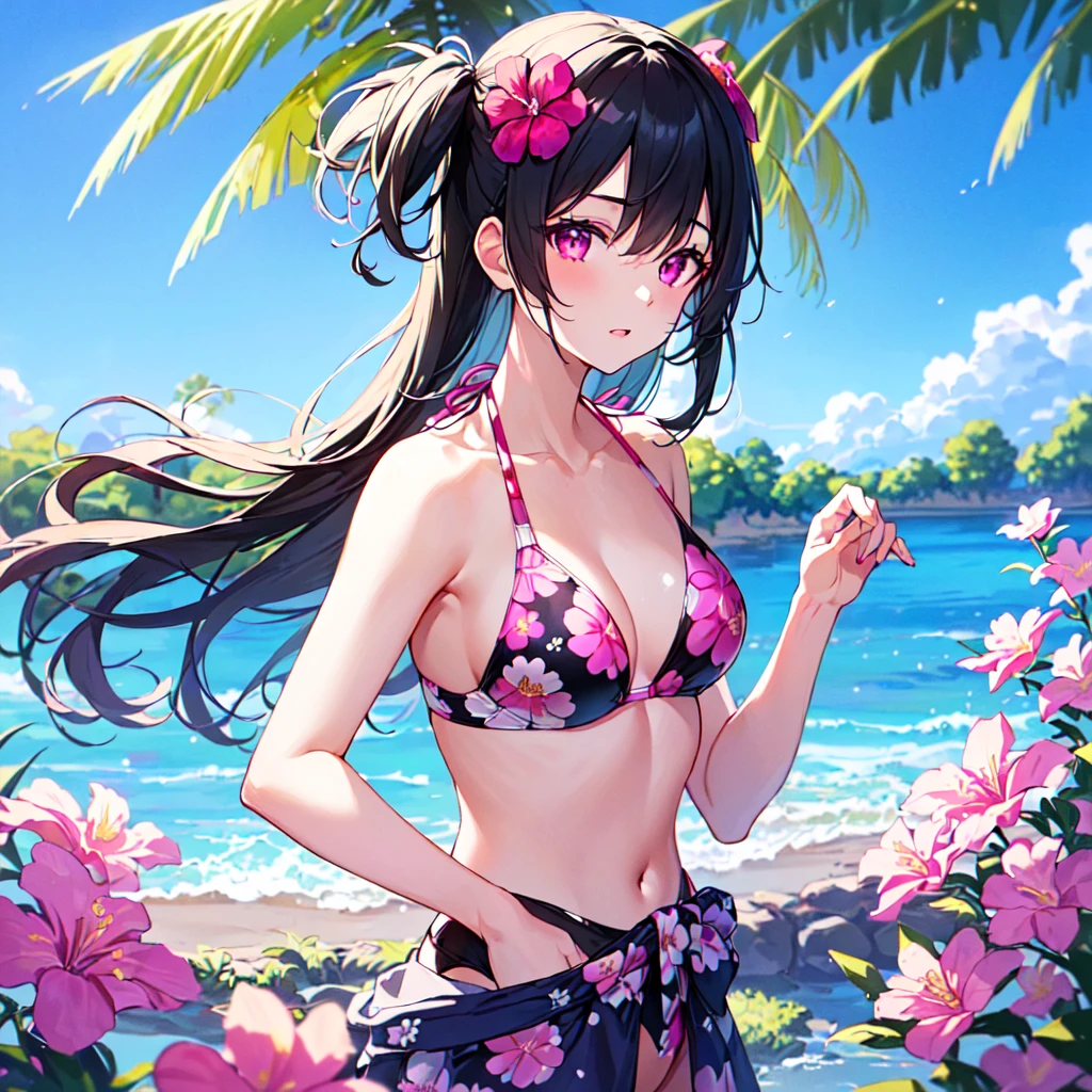 masterpiece, best quality, high quality, extremely detailed, very delicate and beautiful, (1 female 18 years old solo:1.3), (long black hair up to waist with two side up:1.4), bangs to eyebrows, eyes (eyes sharp, strong glossy glossy eyes, eyebrows glossy, (eye color magenta:1.3), 6.5 head height, (bikini swimsuit with summer flower print:1.3), (standing), (dynamic pose), (background summer river and forest:1.3), (blue sky), (upper body:1.3)
