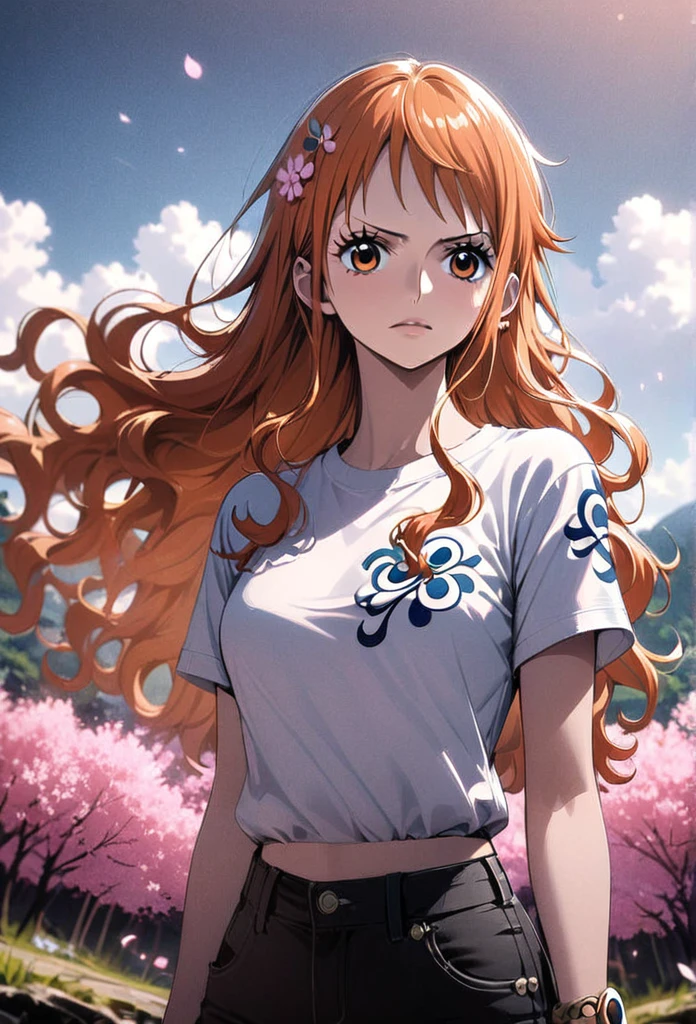 masterpiece, best quality), intricate details, 1 girl, woman, orange hair, nami \ (one piece\), (long hair) ((side bangs)) shirt, ((white shirt, black pant, black court)) female focus, nature, scenery, upper body, ((front view)) ((close up shot)) ((solo)) ((. Long, flowing hair with intricate braids adorned with cherry blossom hairpins)) detailed, very high resolution, no blurry image, full body, orange eyes, sligh wavy hair, ((nami from one piece)) ((female nami from one piece)) ((front view))