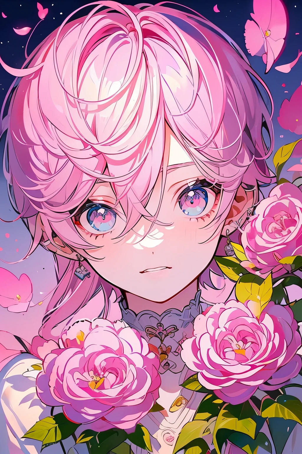 (Mastepiece), (Best Quality), Very detailed, 1 boy, Solo Shooting, Perfect Face, Beautiful Face, Very detailedな顔,(Pink Hair:1.3),(short hair:1.4)、(Big eyes:1.4),(Long eyelashes:1.4)、(Pink Eyes:1.3)、Lots of flowers、petal、(smile:1.3)
