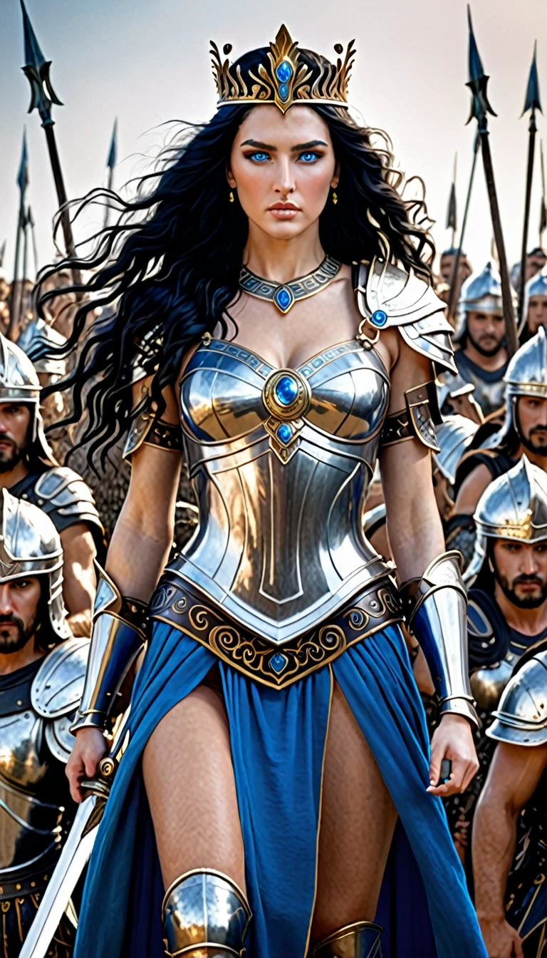 Greek queen warrior with armor in the middle of a bunch of warriors blue eyes long black hair and wavy medium breasts and white