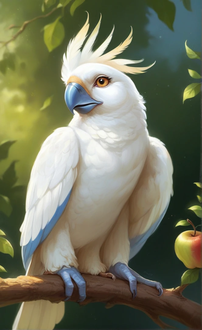 there is a white bird sitting on a branch with apples, parrot, cockatoo holding a trumpet, Royal bird, a painting of white silver, beautiful animal pearl queen, ethereal macaw, realistic illustration, birb, pet bird, anthropomorphic bird, Birds f CGSOCIETY, parallel, ultra realistic illustration, profile image