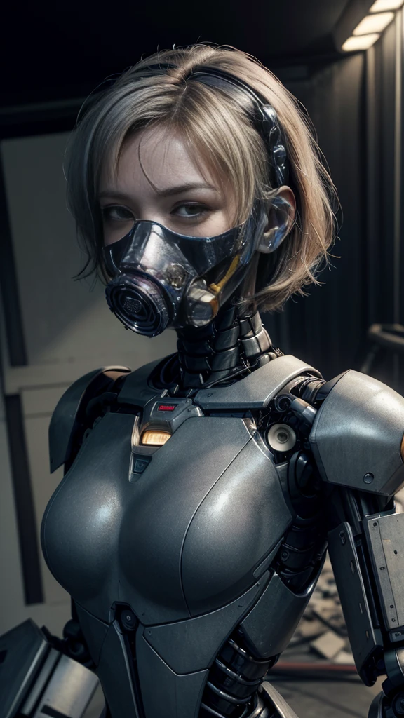 (masterpiece:1.2,high quality), One girl, ((Ultra-Realistic Details)), Global Illumination, Shadow, Unreal Engine, Octane Rendering, 8K, Ultra Sharp, Metal, Complex, Decorations detailed, highly Complex details, Yellow Eyes, (Mechanical body:1.2), Gray Hair, (Black gas mask), Equipment, Bobcut, Hundreds of wires, Terran, (robot, Android:1.15), Apocalypse, Broken Building、Perfect Style、Perfect balance、Fine skin、A gentle gaze、((Delicate painting)),(Detailed RAW photos of girls), (Masterpiece:1.25), (最high quality:1.6), (Ultra-high resolution:1.5), (It's realistic.:1.75), 8K resolution, Canon EOS R5, 50mm, Absurd, Very detailed,Cinema Lighting、