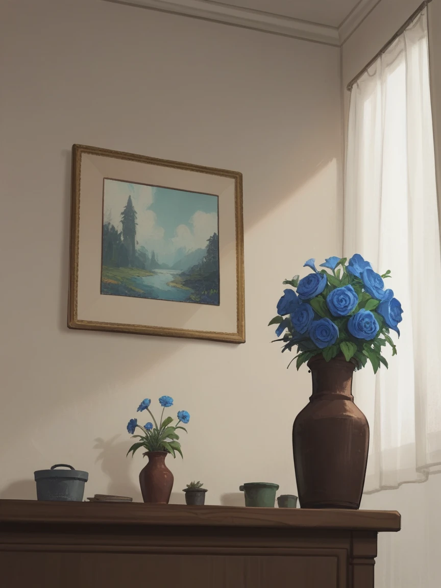 score_9, score_8_up, score_7_up, score_6_up, score_5_up, score_4_up, wh33z13, 1 room concept, white wall with 13 paintings hanging, different frames hanging on the walls, dark wooden furniture below with a vase, small, blue flowers