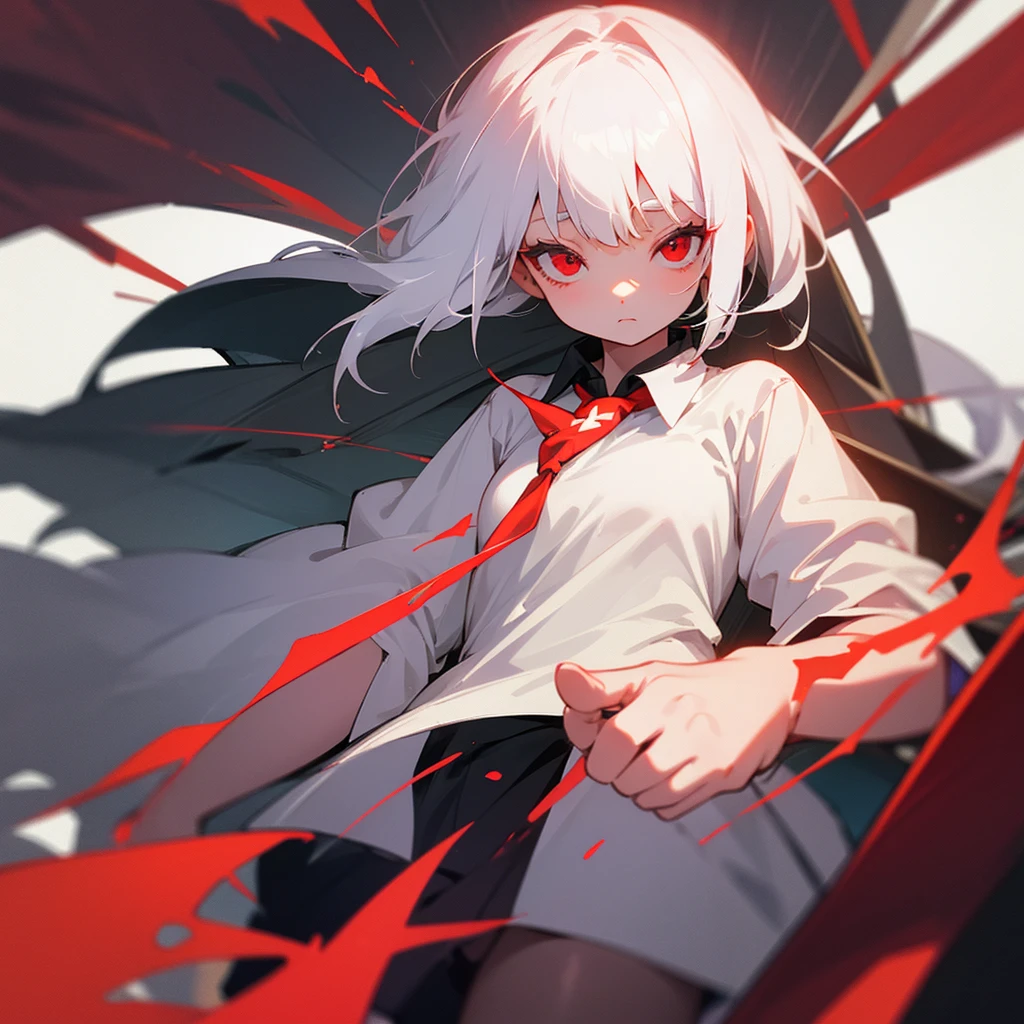 8  girl white hair ,Red eyes(one lens),a loose shirt, short , chubby girl (background a school)