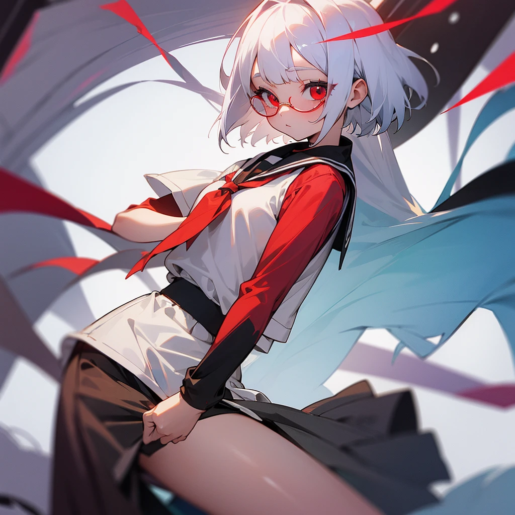 8 girl white hair ,Red eyes(one lens),a loose shirt, short , chubby girl (background a school)