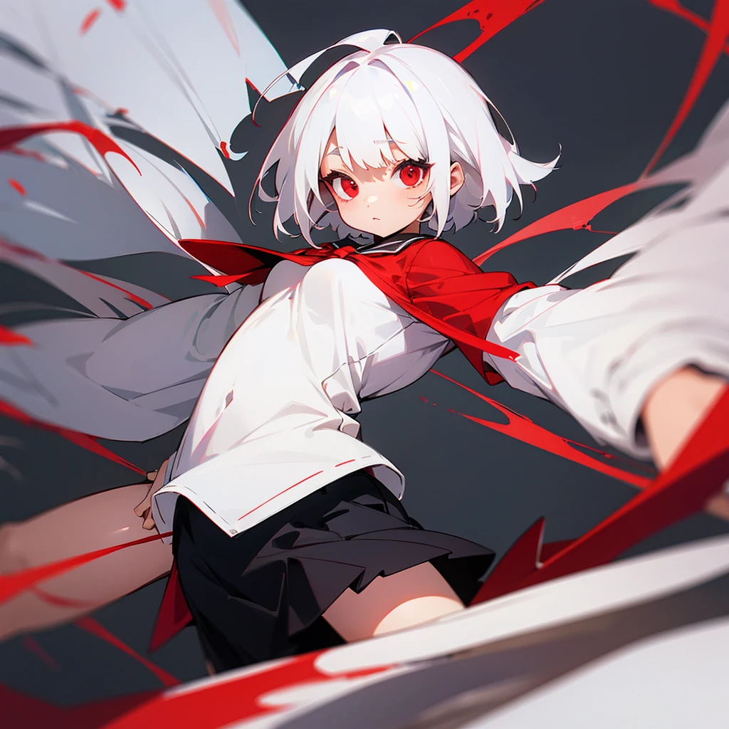 8 year old girl white hair ,Red eyes(one lens),a loose shirt, short , chubby girl (background a school)*