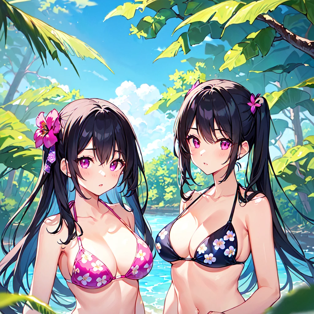 masterpiece, best quality, high quality, extremely detailed, very delicate and beautiful, (1 female 18 years old solo:1.3), (long black hair up to waist with two side up:1.4), bangs to eyebrows, eyes (eyes sharp, strong glossy glossy eyes, eyebrows glossy, (eye color magenta:1.3), 6.5 head height, ( swimsuit with summer flower print:1.3), (standing), (dynamic pose), (background summer river and forest:1.3), (blue sky), (upper body:1.3)