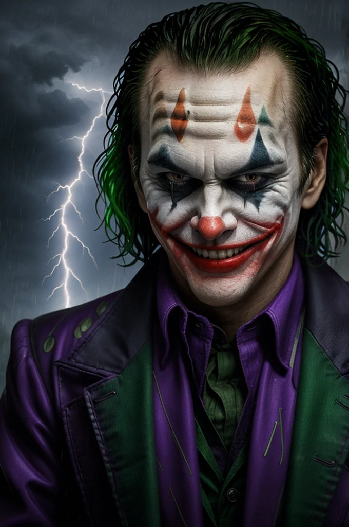 ((JOKER)), (scary), (Evil smile), ((rainy weather))، (Legendary glowing effects), ((Thunder and lightning in the background)), Paranoia, (A sharp and strong smile)