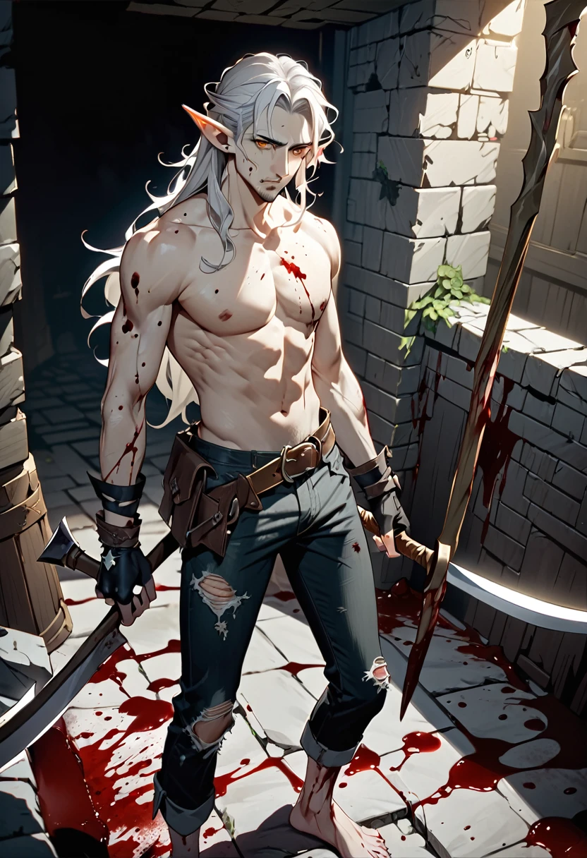 masterpiece, noise reduction, void noise, one male elf, Best quality, permission 8k, male focus, sharp image, Just focus, stunning composition, volumetric lighting, super quality, Very detailed, fantasy, Adult male zombie elf with very long white curly disheveled hair, pale, dead man with pale grayish skin, thin, skinny, with white stubble, expressive yellow eyes with a vertical pupil, cadaveric spots, crazy, shirtless, wearing fingerless gloves, torn pants, without shoes, in blood, sharp claws, with scythe in her hands, fantasy средневековье, Gloomy Dungeon