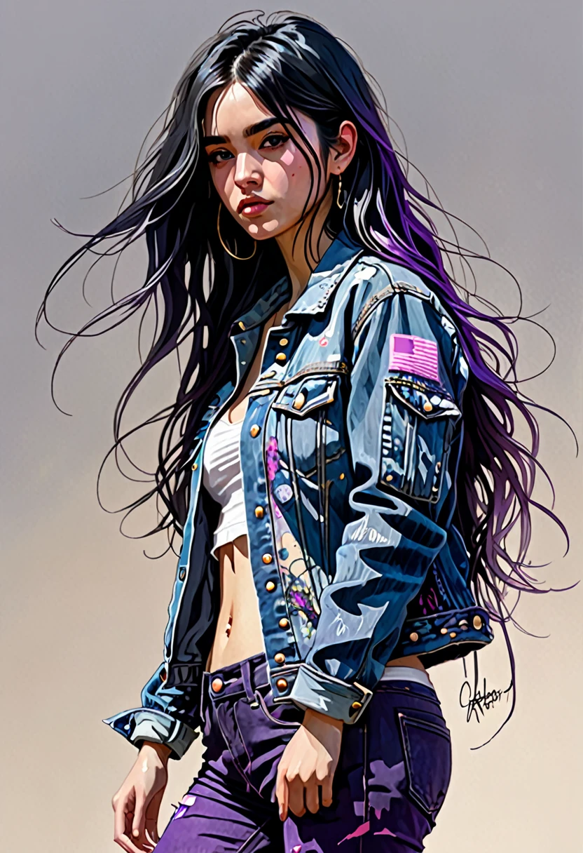 (masterpiece, 16k, ultra high res), 1 girl, french girl (full body view, showing entire head and feet, proportional body), 20 years old, long hair, purple mix black hair, wearing a detailed denim jacket, detailed face with proportional eyes and blush, full body sketch style, art by Carne Griffiths and Wadim Kashin, concept art, cinematic, epic, trending on artstation, full body from head to toe in frame