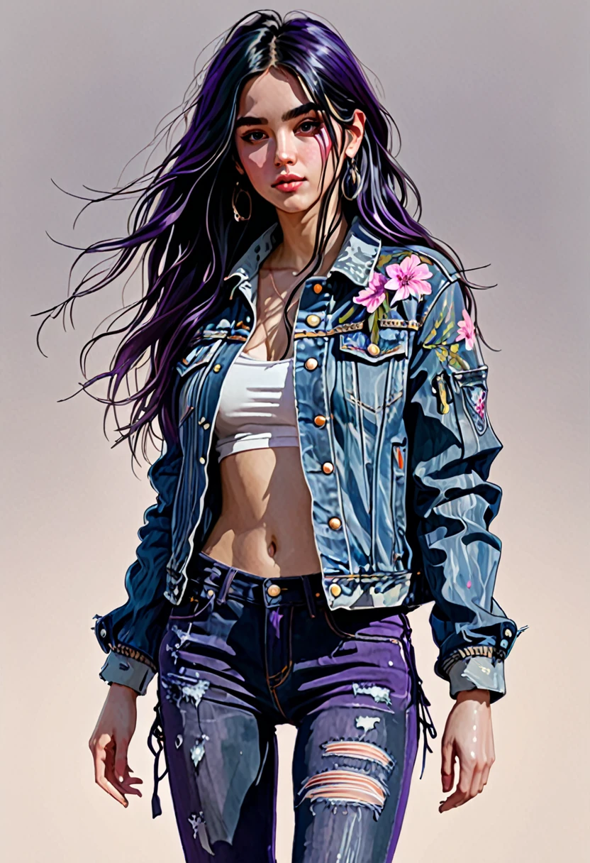 (masterpiece, 16k, ultra high res), 1 girl, french girl (full body view, showing entire head and feet, proportional body), 20 years old, long hair, purple mix black hair, wearing a detailed denim jacket, detailed face with proportional eyes and blush, full body sketch style, art by Carne Griffiths and Wadim Kashin, concept art, cinematic, epic, trending on artstation, full body from head to toe in frame