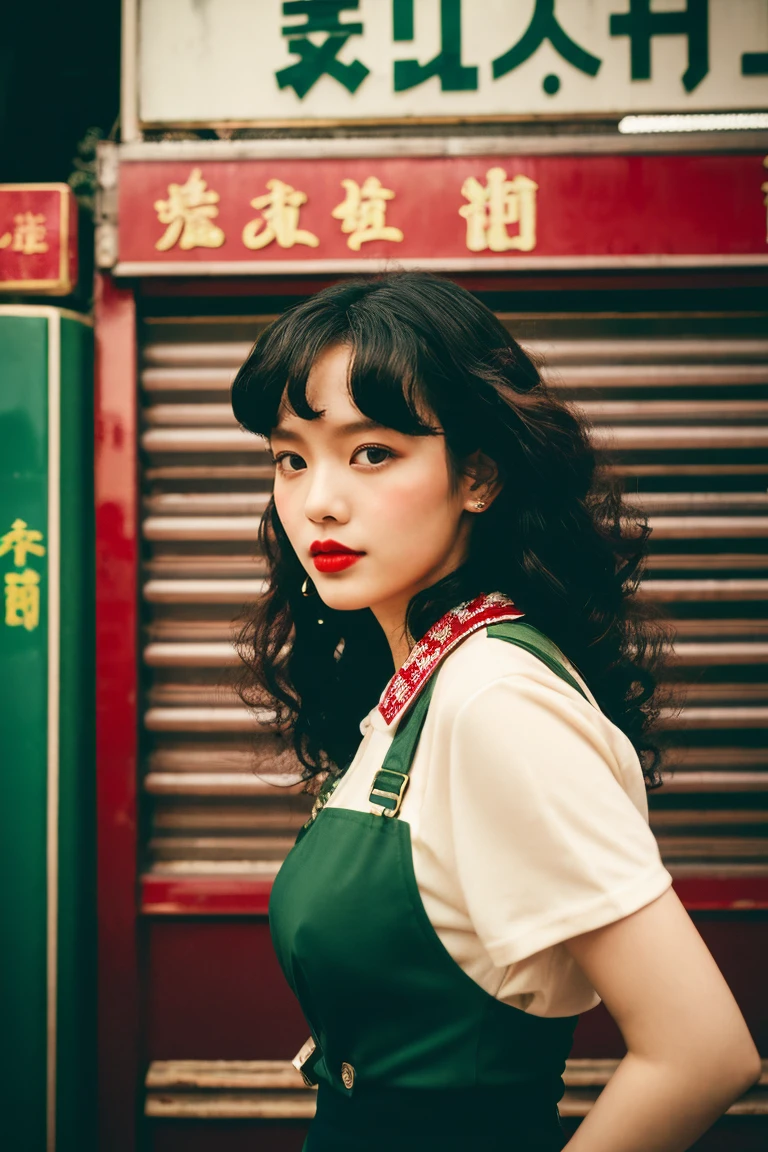 Long black curly hair, red lips, wearing a vintage red velvet skirt, blurred background, vintage Hong Kong cross street, street sign, green roller shutter door, white tile, 2046, Wong Kar Wai Cinematic Style, fashion photography, film filter