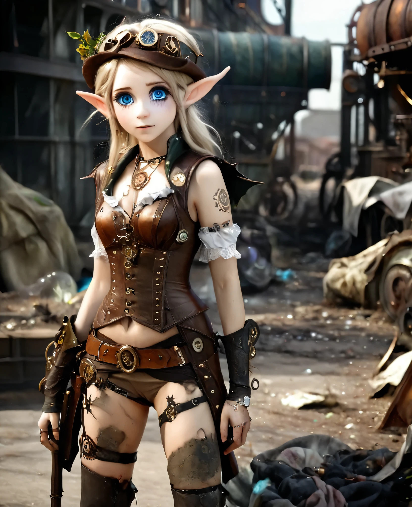 cute elf, ((anime elf with extremely cute eyes)), (((elf))), ((((high resolution))), (((extremely detailed))), ((masterpiece)), dramatic shadows, depth of field, analog photo style, (world in which are collide steampunk and postapocalyptic vibes), postapocalyptic cute female in steampunk aesthetic, torn dirty clothes, depth of field, full body shot, unzoomed, (perfect body: 1.4), (sidecut short hairstyle), (stalking is quite common, although not the best way to make a living), stylized atmosphere of unreality, dark atmosphere, dynamic pose, in motion, Armageddon, increase cinematic lighting, highly lifelike skin texture, parted lips, weary eyes, fine eyes, whitened skin, random hair colour, doomsday aura, (Mad Max world), (The Walking Dead world)