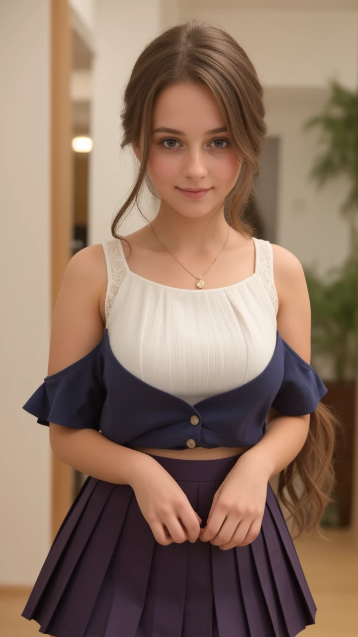 Melody Marks, Intimate, face blush, red blushy cheeks, long wavy hair, feeling excited, beautiful thighs, in love, wearing school attire with mini pleated skirt