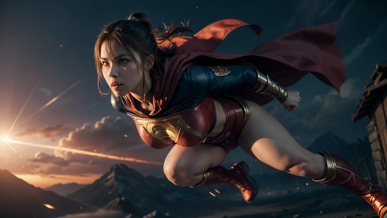 a female hero, superhero, warrior, dynamic pose, flying, cape, strong, confident, determined expression, detailed face, full body, dynamic lighting, cinematic angle, dramatic, epic, colorful, glowing, digital painting, concept art, highly detailed, 8k, photorealistic