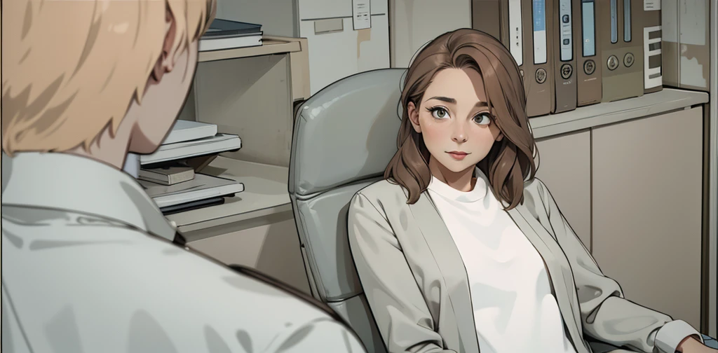 There is a 40-year-old woman with brown hair and a gray blouse who is talking to someone who is standing in front of her.