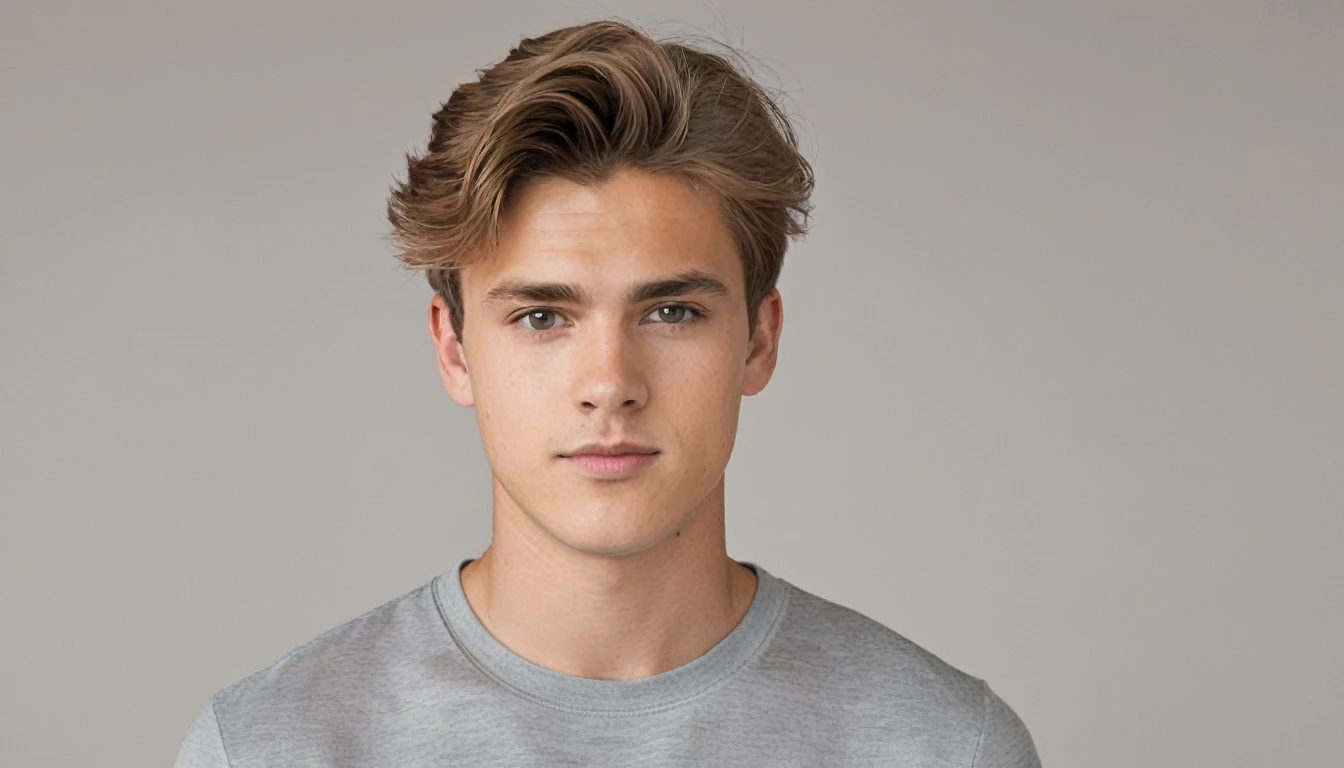 Create an image of a young man with light brown hair, short and combed to the side, Wearing a gray t-shirt. The young person must have a neutral facial expression and be looking directly at the camera. In the background of the young man a solid neutral color