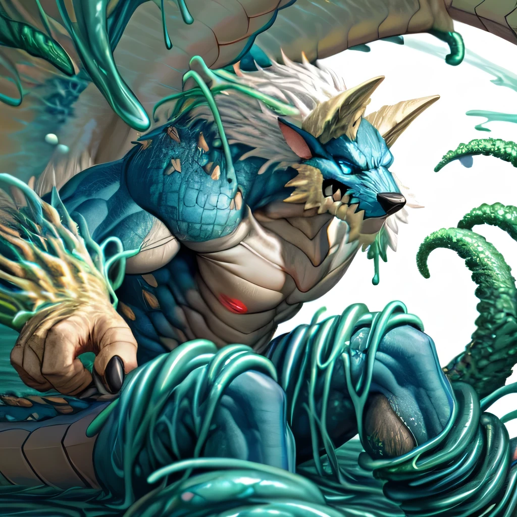 anthropology,(zinogre:1.2),Tail,((whole body,blue eyes, Blue body, White furry, Yellow Hand, Feet, Blue face,4 toes,Tail )),,muscular, whole body, (author:null-ghost,From raccoon21,masterpiece,high quality), Night Fight,((boundary)), rest (((Slime monster uses tentacles to fight dragon)),4 toes,struggle, (pain:1.3),frown,annoyed, Worry,