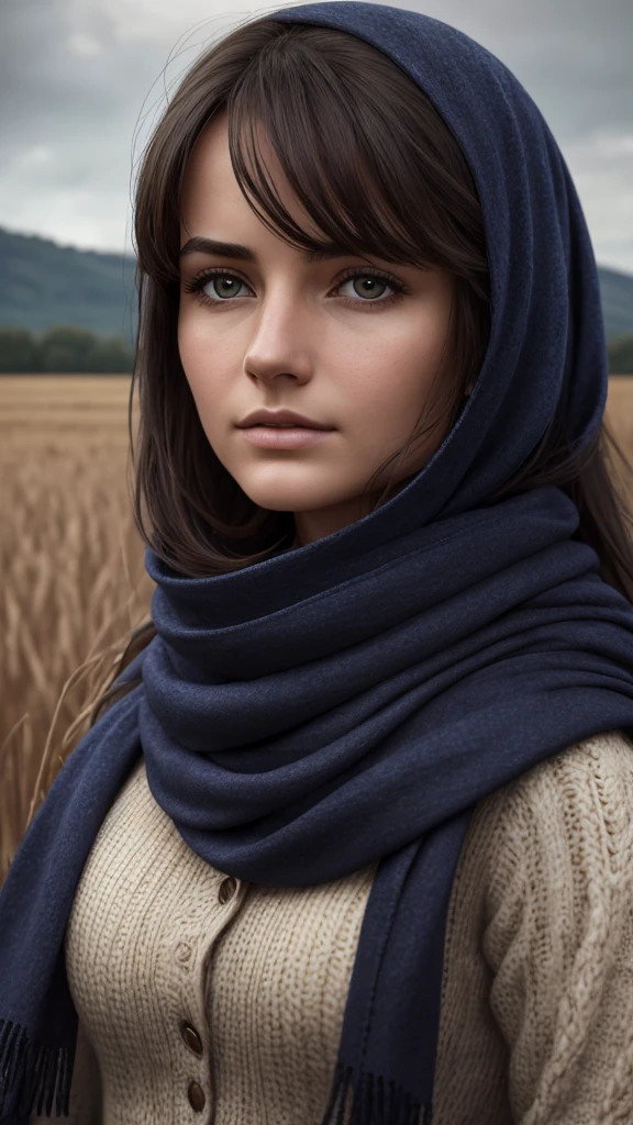 8k, best quality, masterpiece, realistic, ultra detail, photo realistic, Increase quality, 
a photo of a girl standing in a field with a scarf, in the style of dark and brooding designer, voluminous mass, photobash, serene faces, jagged edges, navy, natural beauty, close-up shot