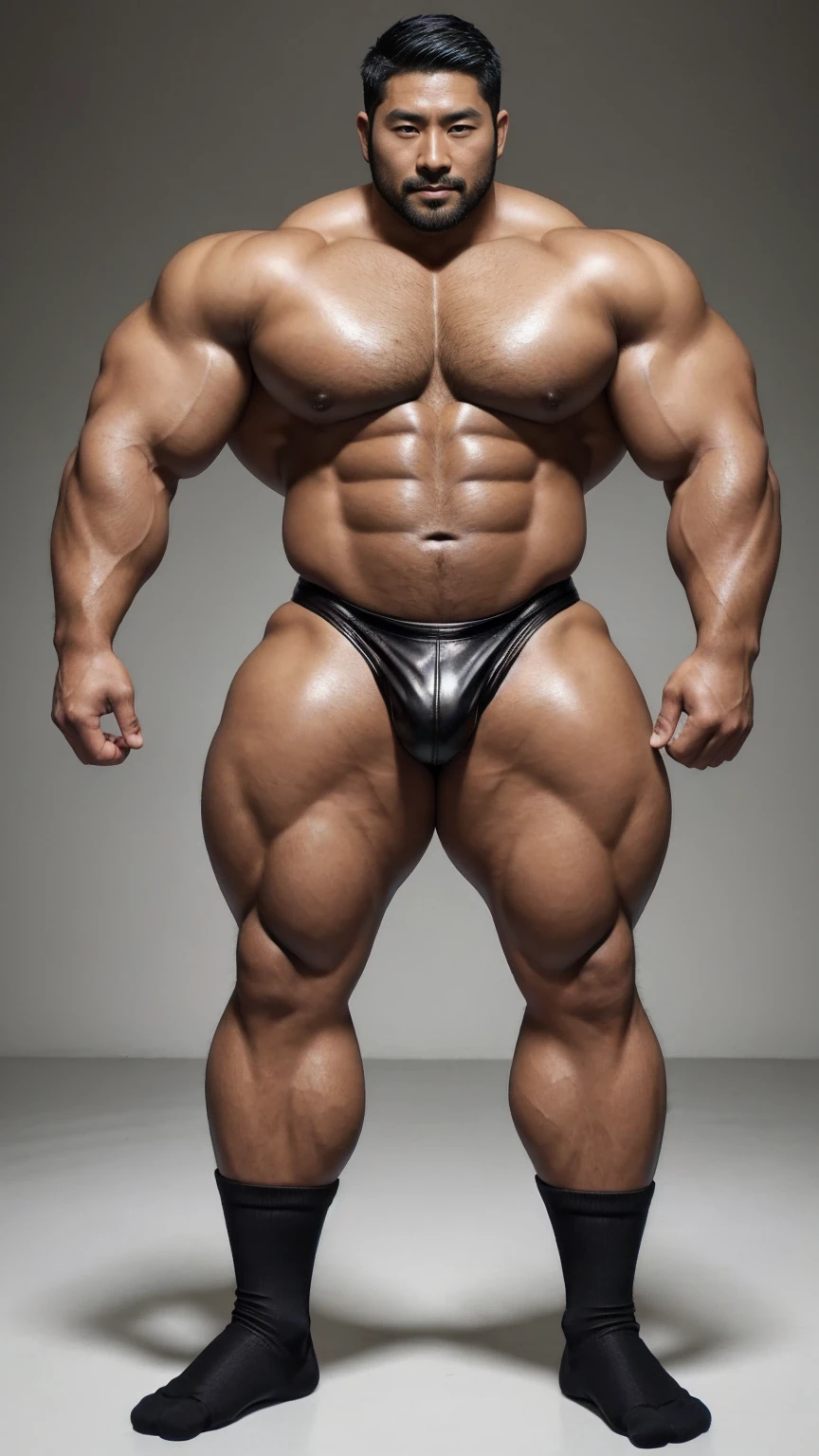 There is only one handsome Asian actor in the photo,35 years old,High target, Fitness,short hair, O-Shaped Beard,Perfect body, Dark skin color,Radiant Skin,Smooth skin,Muscle bulge, muscular, Very large pectoral muscles,Very sexy abdominal muscles,Very well-developed leg muscles,Huge concave and convex area,Brightens oily skin,Wearing black leather shiny thong,Handsome face, Correct and accurate male body proportions, Wear black socks,Put your hands behind your back,Standing on a gray background