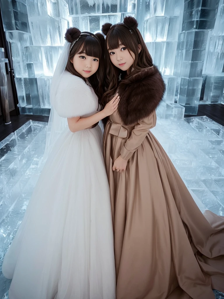 fluffyの毛皮。fluffy。(((Pair of women、ice hotel、Dark Room)))。Wedding dressを着た女性たちの写真。Wedding dress、Brown fur cape。Fisheye Lens。Multiple women。