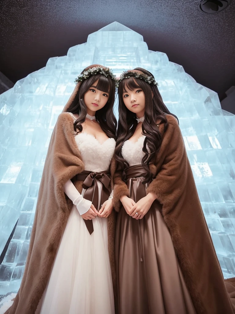 fluffyの毛皮。fluffy。(((Pair of women、ice hotel、Dark Room)))。Wedding dressを着た女性たちの写真。Wedding dress、Brown fur cape。Fisheye Lens。Multiple women。