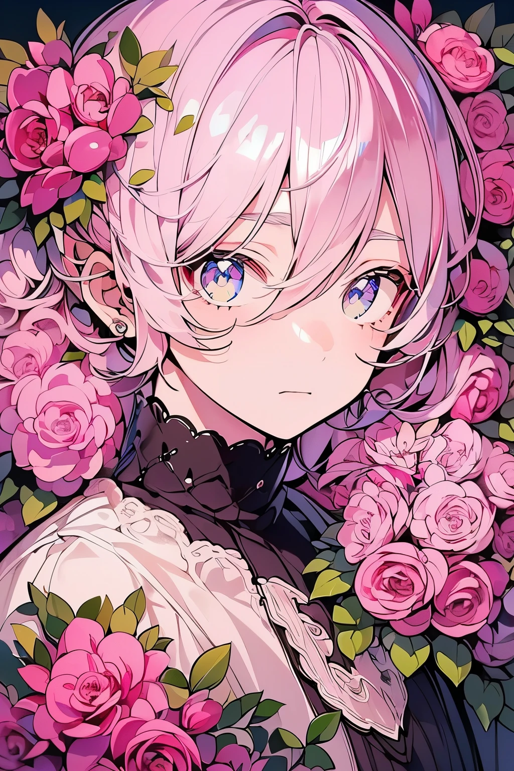 (Mastepiece), (Best Quality), Very detailed, 1 boy, Solo Shooting, Perfect Face, Beautiful Face, Very detailedな顔,(Pink Hair:1.3),(short hair:1.4)、(Big eyes:1.4),(Long eyelashes:1.4)、(Pink Eyes:1.3)、Lots of flowers、petal、(smile:1.3)