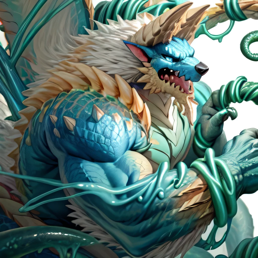 anthropology,(zinogre:1.2),Tail,((whole body,blue eyes, Blue body, White furry, Yellow Hand, Feet, Blue face,4 toes,Tail )),,muscular, whole body, (author:null-ghost,From raccoon21,masterpiece,high quality), Night Fight,((boundary)), rest (((Slime monster uses tentacles to fight dragon)),4 toes,struggle, (pain:1.3),frown,annoyed, Worry,
