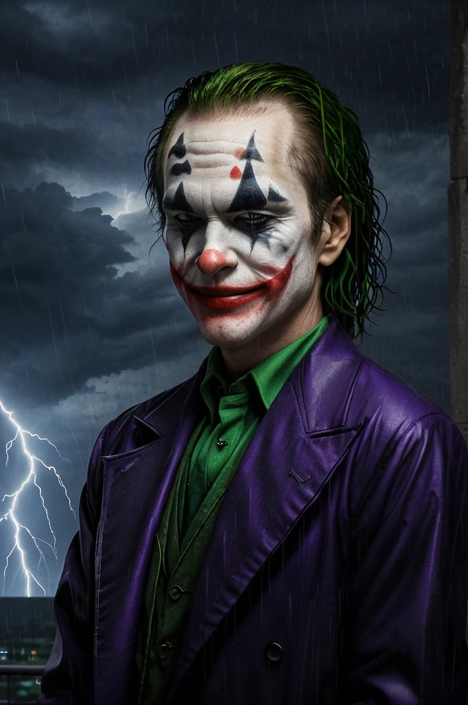 ((JOKER)), (scary), (Evil smile), ((rainy weather))، (Legendary glowing effects), ((Thunder and lightning in the background)), Paranoia, (A sharp and strong smile)