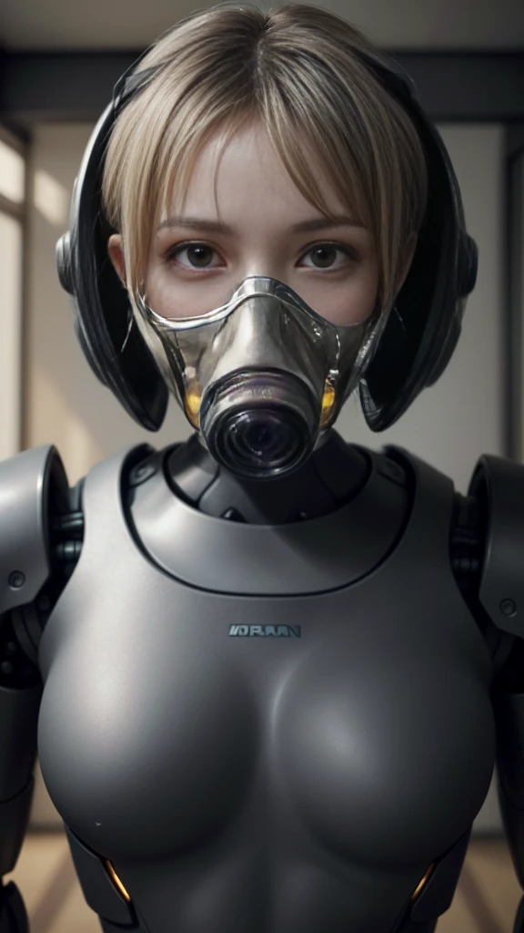 (masterpiece:1.2,high quality), One girl, ((Ultra-Realistic Details)), Global Illumination, Shadow, Unreal Engine, Octane Rendering, 8K, Ultra Sharp, Metal, Complex, Decorations detailed, highly Complex details, Yellow Eyes, (Mechanical body:1.2), Gray Hair, (Black gas mask), Equipment, Bobcut, Hundreds of wires, Terran, (robot, Android:1.15), Apocalypse, Broken Building、Perfect Style、Perfect balance、Fine skin、A gentle gaze、((Delicate painting)),(Detailed RAW photos of girls), (Masterpiece:1.25), (最high quality:1.6), (Ultra-high resolution:1.5), (It's realistic.:1.75), 8K resolution, Canon EOS R5, 50mm, Absurd, Very detailed,Cinema Lighting、