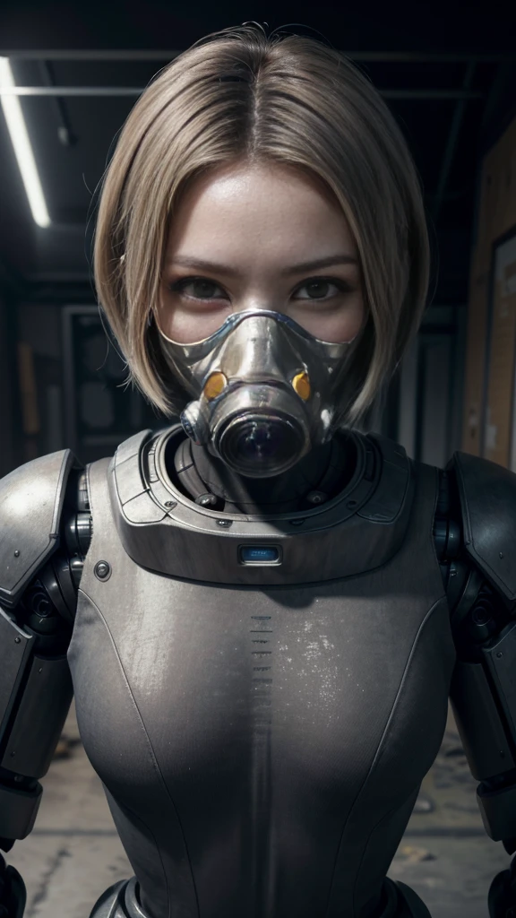 (masterpiece:1.2,high quality), One girl, ((Ultra-Realistic Details)), Global Illumination, Shadow, Unreal Engine, Octane Rendering, 8K, Ultra Sharp, Metal, Complex, Decorations detailed, highly Complex details, Yellow Eyes, (Mechanical body:1.2), Gray Hair, (Black gas mask), Equipment, Bobcut, Hundreds of wires, Terran, (robot, Android:1.15), Apocalypse, Broken Building、Perfect Style、Perfect balance、Fine skin、A gentle gaze、((Delicate painting))，(Detailed RAW photos of girls), (Masterpiece:1.25), (最high quality:1.6), (Ultra-high resolution:1.5), (It&#39;s realistic.:1.75), 8K resolution, Canon EOS R5, 50mm, Absurd, Very detailed,Cinema Lighting、