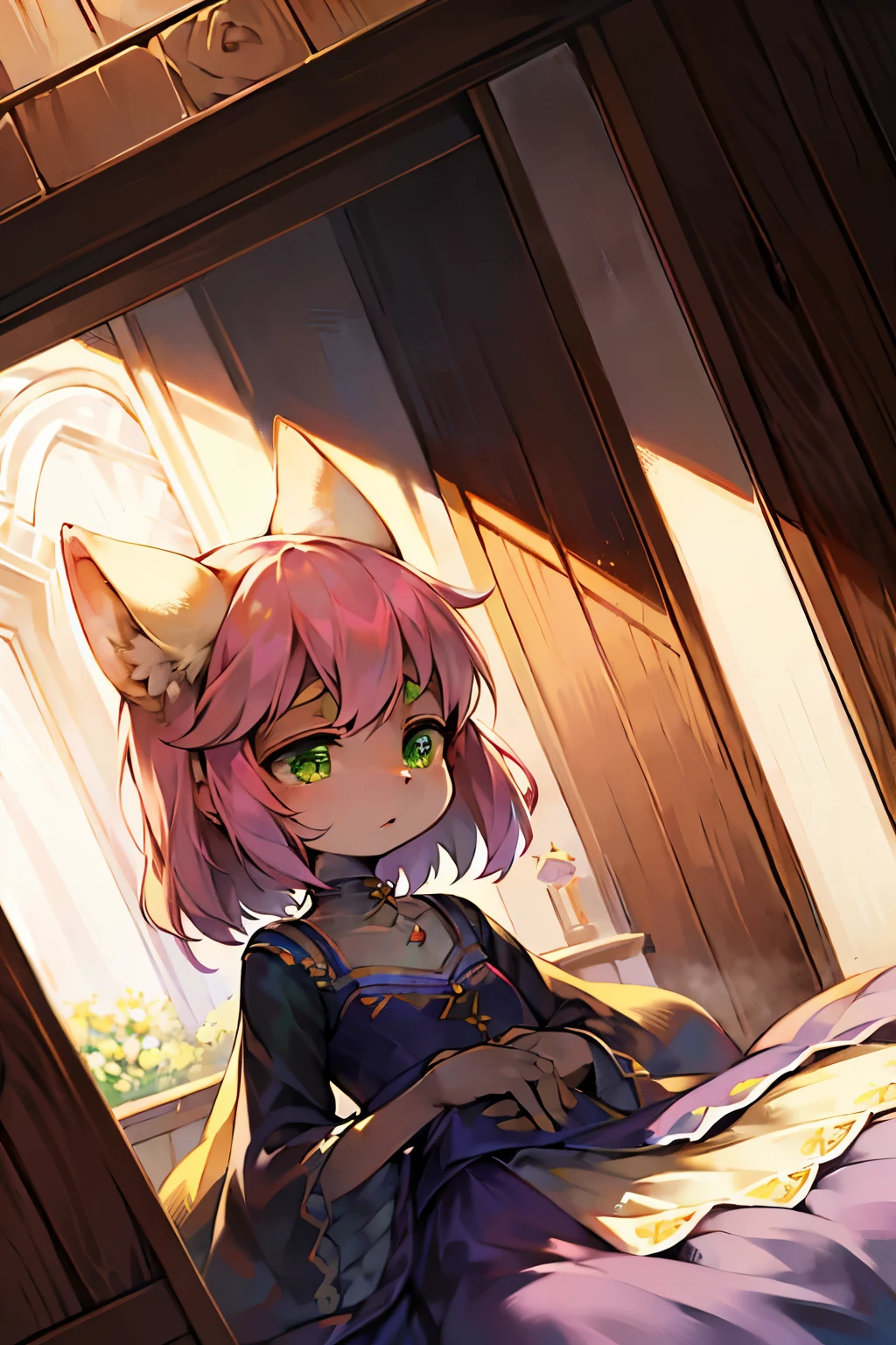 Lucas, an enigmatic young girl, radiates an aura of intrigue that surpasses her diminutive stature and adorable appearance reminiscent of fluffy kitten. Despite her cutesy demeanor, she possesses an uncanny ability to inflict pain with an ease that belies her delicate appearance. Her fur is a soft shade of warm cream, punctuated by vibrant green eyes that spark with an intensity that belies her sweet appearance. Her body is lit with an extreme play of light and shadow, accentuating her slender frame and delicate features. Her attire is casual and unassuming, a reflection of her laid-back demeanor. However, it's in