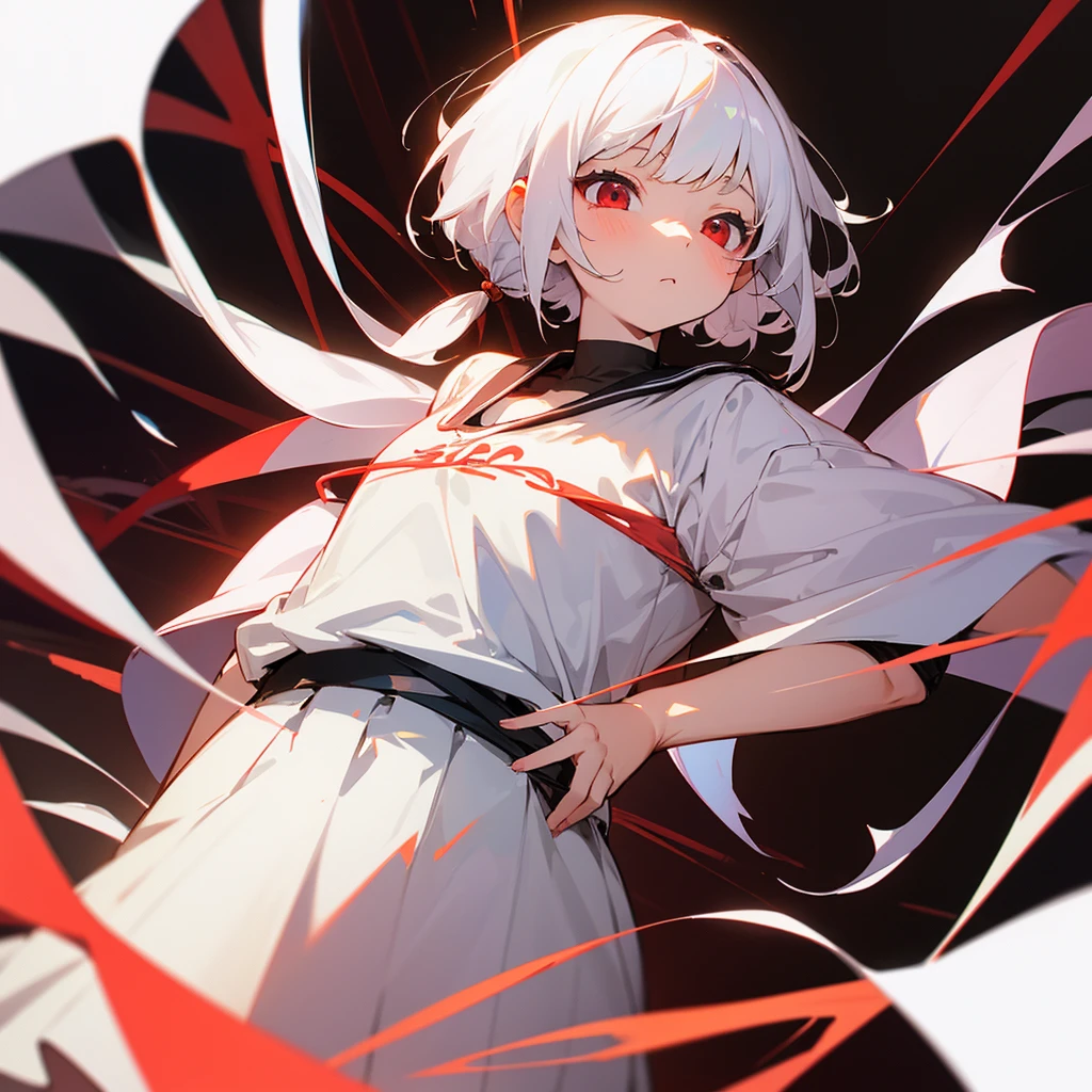 8 year old girl white hair ,Red eyes(one lens),a loose shirt, short , chubby girl (background an elementary school)*