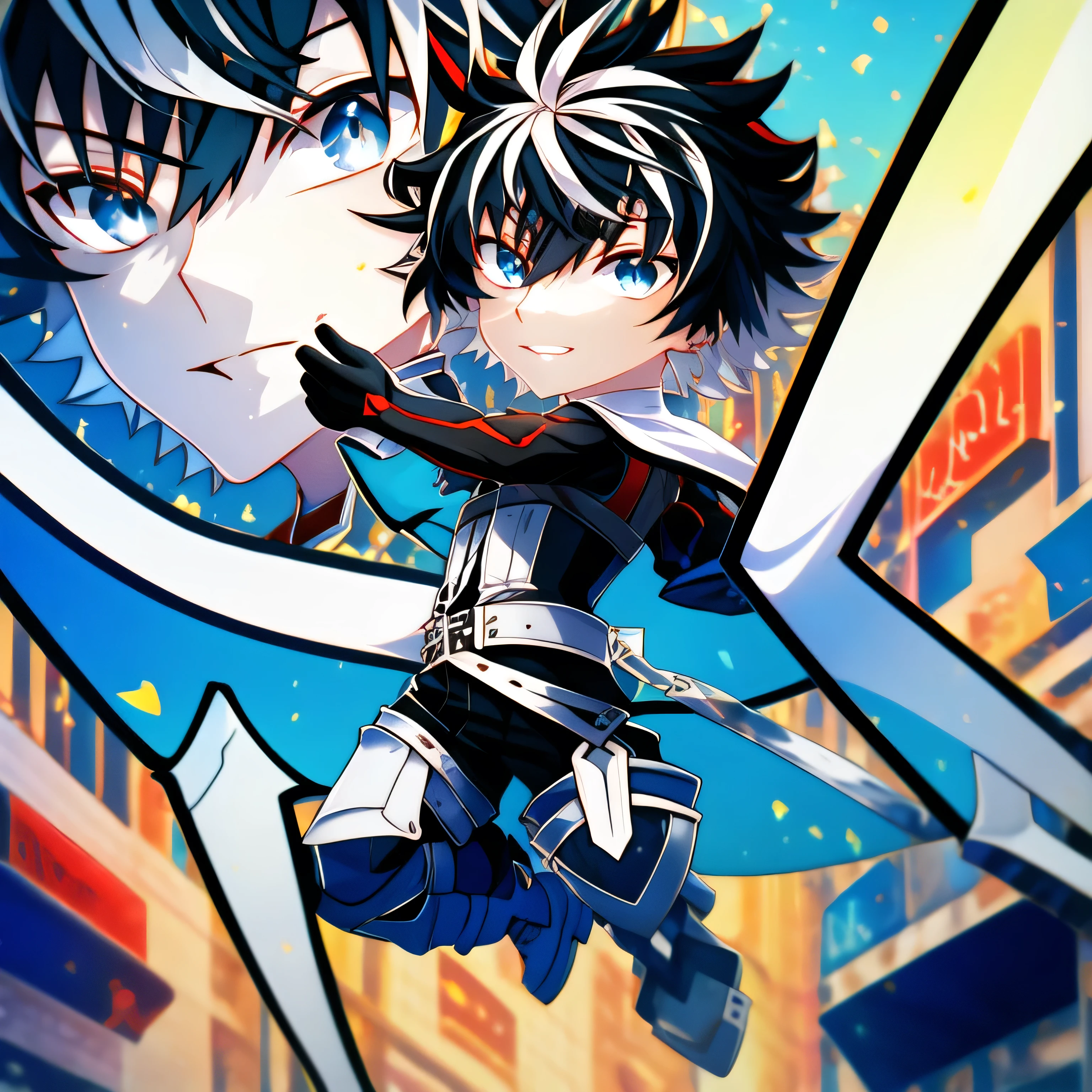 absurdres, uhd, 5k, best quality, full body, animechibi, 1boy, ((solo)), alone, charlemagne\(fate\), charlemagne,  blue eyes, black hair, multicolored hair, two-tone hair, jumping, one leg behind, view at eye level,