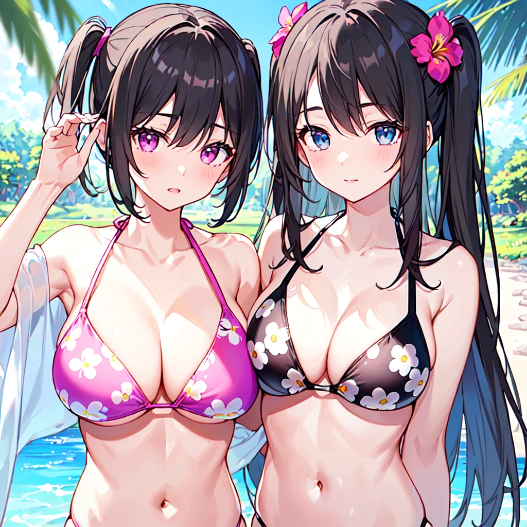 masterpiece, best quality, high quality, extremely detailed, very delicate and beautiful, (1 female 18 years old solo:1.3), (long black hair up to waist with two side up:1.4), bangs to eyebrows, eyes (eyes sharp, strong glossy glossy eyes, eyebrows glossy, (eye color magenta:1.3), 6.5 head height, (bikini swimsuit with summer flower print:1.3), (standing), (dynamic pose), (background summer river and forest:1.3), (blue sky), (upper body:1.3)